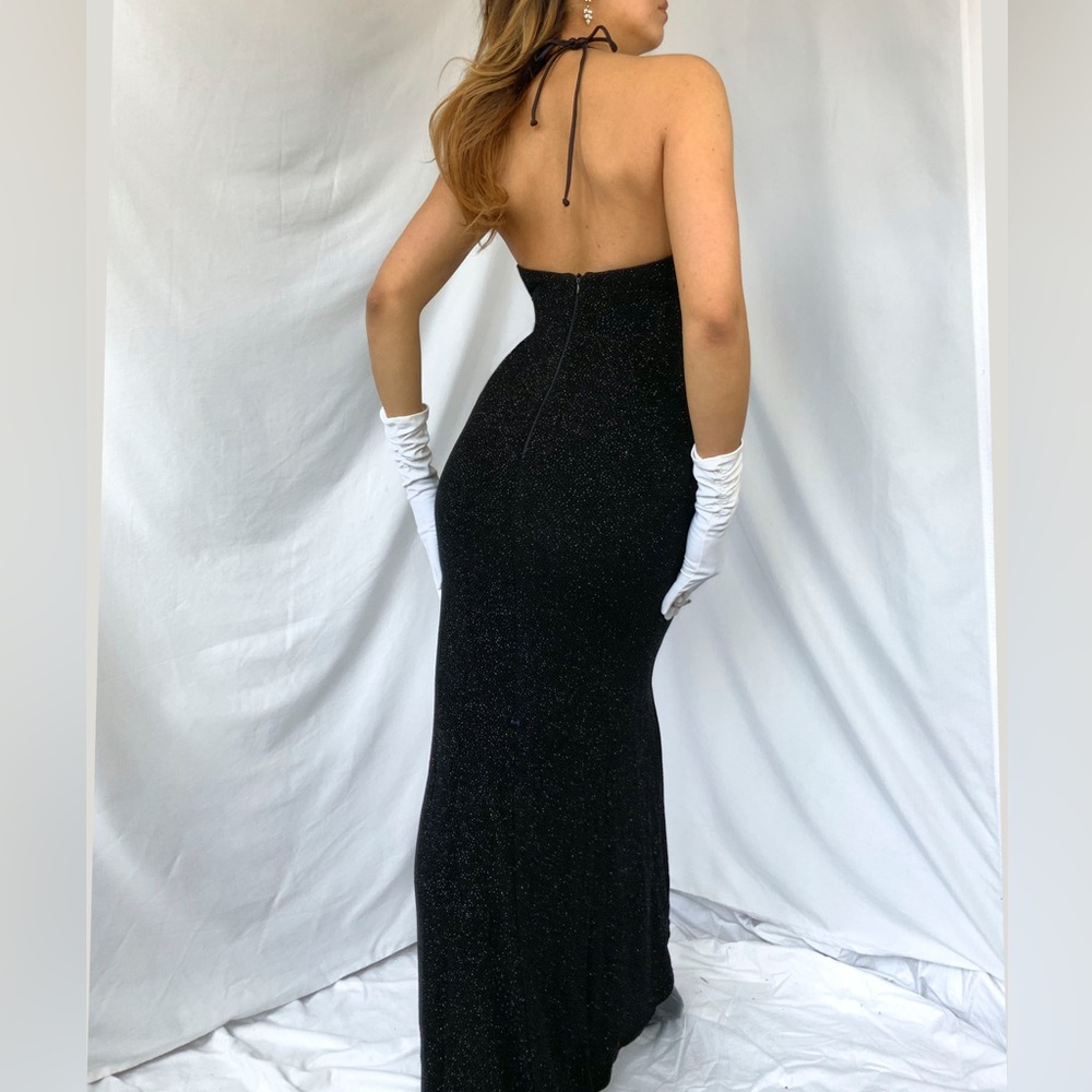 Black vintage y2k goth glitter halter prom dress gown with fishtail train - Picture 2 of 5